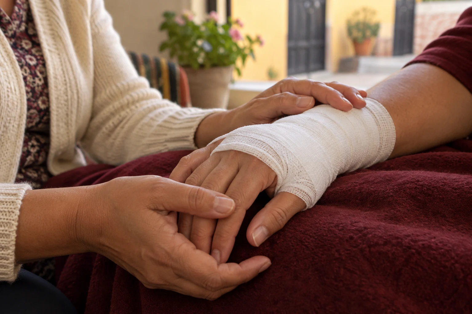 Mano vendada acompañada por otra persona, imagen conceptual de cuidado y recuperación.