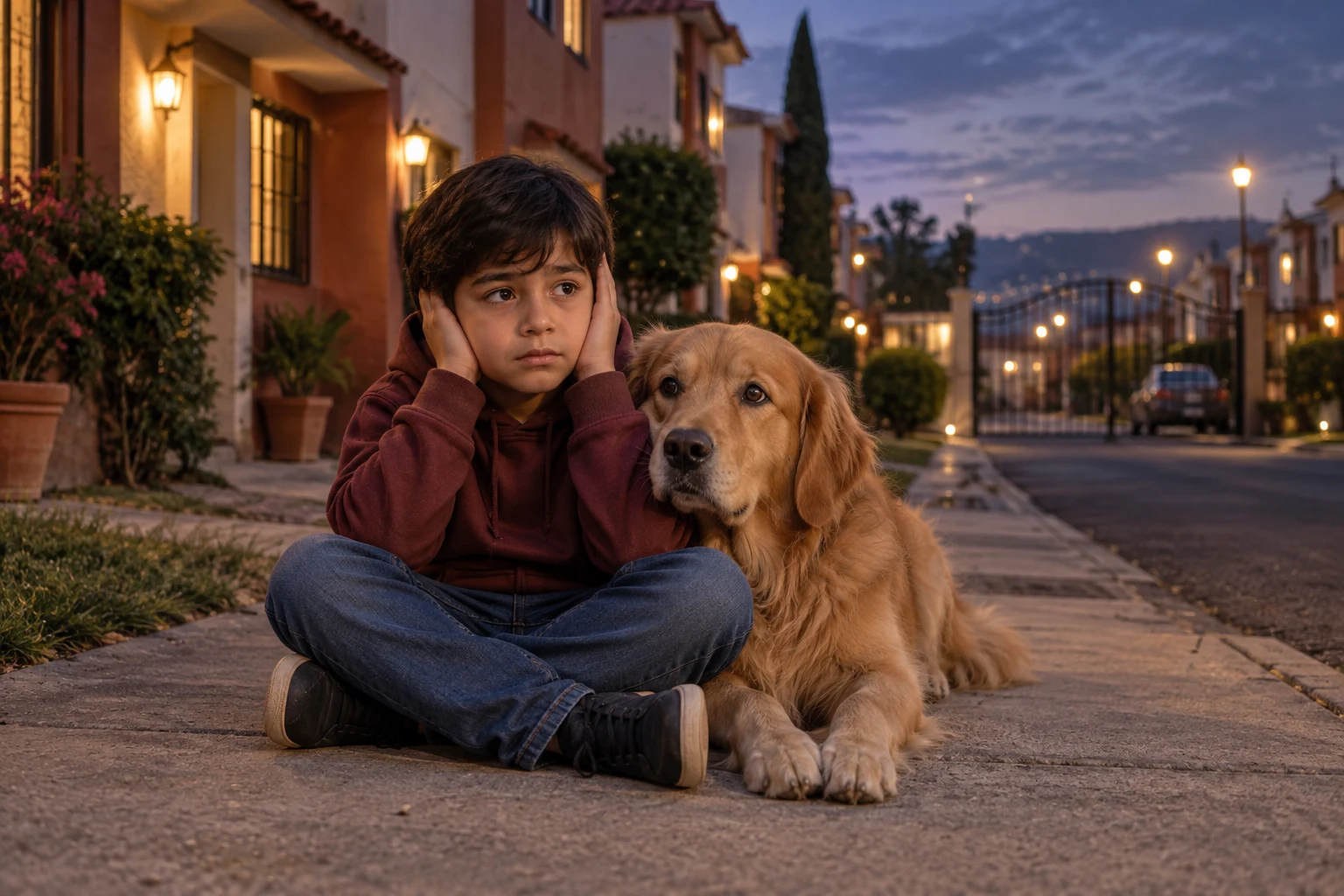 Un niño se cubre los oídos, sentado junto a su perro frente a viviendas. Ambos se ven completos y buscan tranquilidad. Imagen conceptual generada para la campaña.
