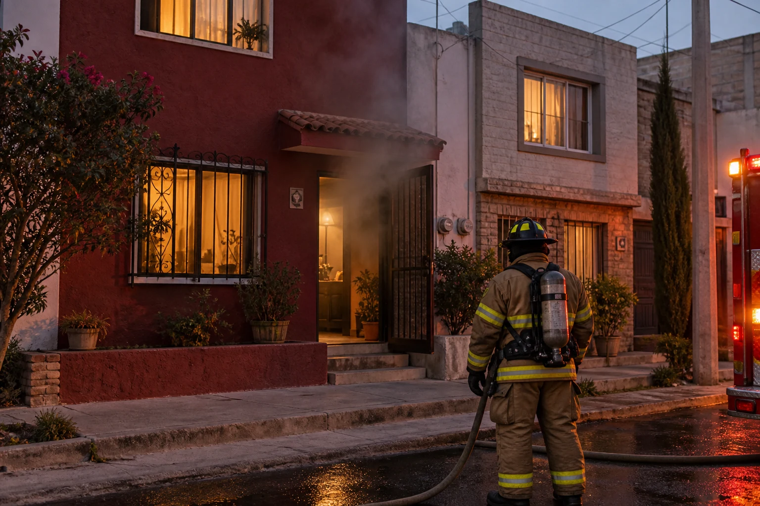 Bombero frente a viviendas contiguas con humo en un acceso, escena conceptual de emergencia.
